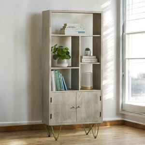 Librería Alta de Madera de Mango SOLI, Estilo Europeo, Ahorra Espacio, Mueble de Almacenamiento con 2 Puertas, Estilo Rústico, para Sala de Estar u Oficina - Product Image 2