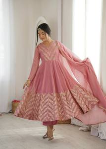 Pink Anarkali Suit Embroidered Indian Dress Sharara Set V Neck Floor-Length Loose Fit Sun Protection Net Dupatta Wedding - Product Image 1