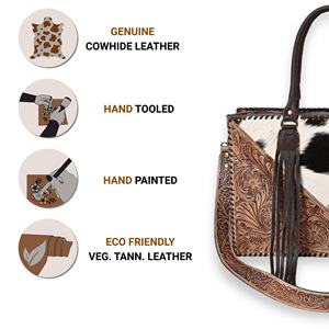 Bolso Tote de Cuero Vacuno Hecho a Mano de Primera Calidad con Parches de Pelo Estilo Western - Product Image 3