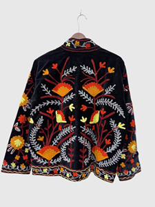 Hand Embroidered Floral Velvet Quilted Jacket Full Sleeve Mandarin Collar Plus Size Adult Cotton Lining Bohemian Spring Wear - Product Image 5