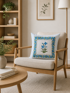 Blue Flower Hand Block Cotton Cushion Cover Square Decorative <b>Throw</b> Pillow Cover <b>for</b> Sofa <b>Couch</b> Styling - Product Image 2
