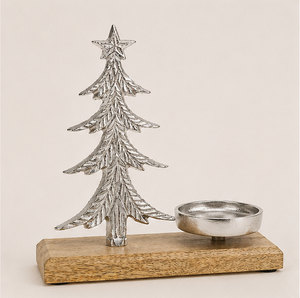 Handmade Silver Aluminum Christmas <b>Tree</b> Candle Holder With Natural Mango Wood Base Premium Tealight Stand For Festive <b>Tabletop</b> - Product Image 1