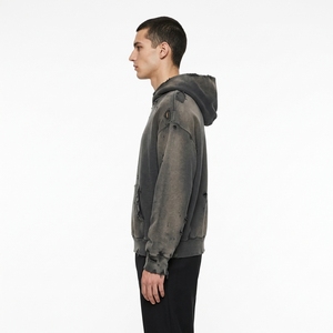 Sweat-shirt à capuche oversize pour homme en molleton bouclette, couleur unie, effet usé et déchiré, style streetwear, coupe automne - Product Image 4