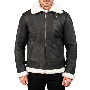 <b>Men's</b> Black Genuine Leather Jacket Sherpa Fur Collar Moto Biker Zipper <b>Winter</b> <b>Coat</b> - Product Image 5