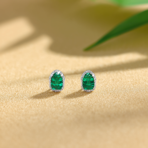 <b>Emerald</b> Cut Green Stone Stud <b>Earrings</b> Rhodium Plated 18K <b>Gold</b> - Product Image 3