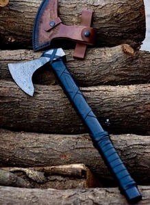 Hache artisanale en acier Damas avec manche en bois et étui en cuir, hache de survie en plein air style Viking - Product Image 3