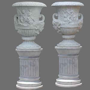 Jardinière de luxe en marbre blanc, pot à fleurs en pierre sculptée à la main avec piédestal, vases à fleurs - Product Image 1