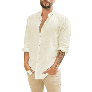 Chemises décontractées pour hommes automne, col en V, manches longues, col montant, en lin et coton, fermeture à bouton unique, écologiques et respirantes - Product Image 2