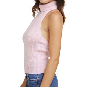 Pull court rose pâle en maille côtelée pour femme, sans manches, col roulé, coupe ajustée, avec ourlet peplum et détail avant tendance - Product Image 2