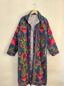 Boho Floral Long Suzani Embroidered <b>Velvet</b> Jacket <b>Women's</b> Artisan Handmade Vintage Ethnic Full Sleeve Long Winter <b>Coat</b> - Product Image 1