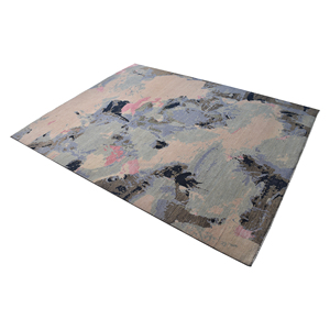 Tapis persan en laine noué à la main, à poils ras, abstrait pastel, rose blush, bleu ardoise, moderne, aquarelle, de luxe, pour salon - Product Image 2