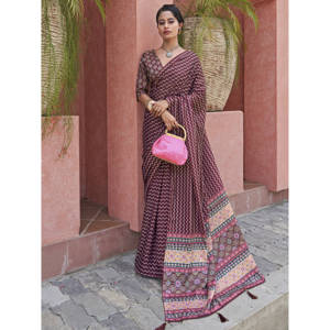 Astonishing Wine Digital Printed Crepe Traditional <b>Saree</b> With <b>Blouse</b> - Product Image 1
