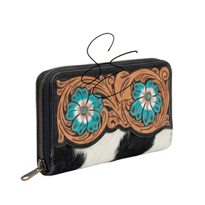 Wester Turquoise-White Floral Genuine Cowhide Zip <b>Wallet</b> Handmade Tooled Leather Long Purse for Women Card Cash <b>Holder</b> - Product Image 2