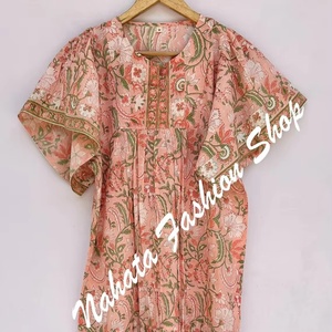 Nouveauté Mini robe maxi en coton indien imprimée de fleurs pour femmes, robe d'été à encolure hanley pour femmes - Product Image 1