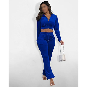 Women's Blue Velvet Cropped Hoodie And Jogger <b>Pants</b> Set Full Zip Long Sleeve Loose Fit Casual Two Piece Tracksuit With Pockets - Product Image 2