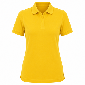 Chemise pour femme, couleur unie, manches courtes, col rabattu, décontractée, tissée, 100% polyester, jaune, coupe ajustée, longueur normale, écologique - Product Image 1