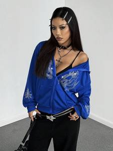 Sweat-shirt pour femme bleu marine orné de strass anglais, style streetwear - Product Image 2