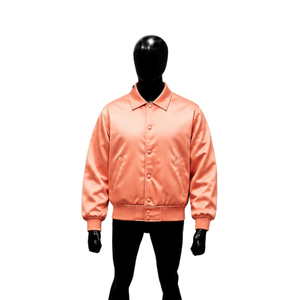 Veste de baseball en satin pêche personnalisée pour homme et femme, qualité supérieure, veste bomber classique avec col chemise et boutons pression - Product Image 1