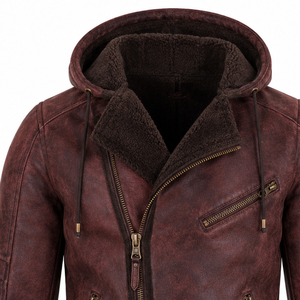 Men’s Distressed Brown Shearling Leather Aviator <b>Jacket</b> Warm Faux Fur Collar Winter <b>Pilot</b> Bomber Coat Classic Retro Style - Product Image 3