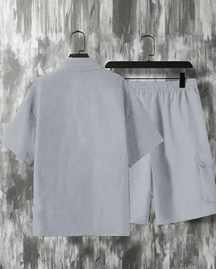 Men's Color Blocking Polo Shirt With Cargo Shorts Set Breathable Summer Casual Outfit Gray And Cream - Product Image 4