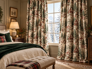 Rideaux d'hiver à motifs scéniques, beige, avec motifs de sapins de Noël et de chalets, occultants thermiques, style champêtre - Product Image 4