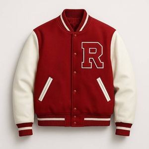 Veste universitaire rouge pour homme avec manches blanches, logo sur le devant, col montant, fermeture boutonnée, style urbain écologique pour l'hiver - Product Image 5