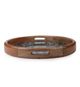 Bandeja de Servir Marroquí Hecha a Mano con Esmalte Floral y Borde de Madera, Bandeja Decorativa de Metal para Servir Té y Café en Casa, Diseño Bohemio - Product Image 4