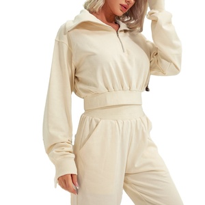 Top corto con cuello para mujer, top elegante con media cremallera, pantalones para correr, conjunto de dos piezas - Product Image 1