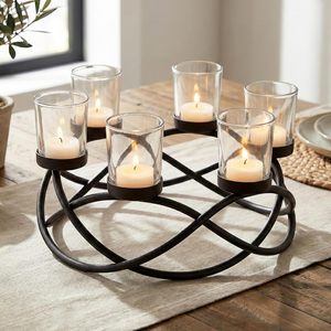 Modern Black Metal 5 Light Candle <b>Holder</b> <b>Stand</b> with Clear <b>Glass</b> Hurricane Votive Cups Decorative Farmhouse Table Centerpiece - Product Image 1