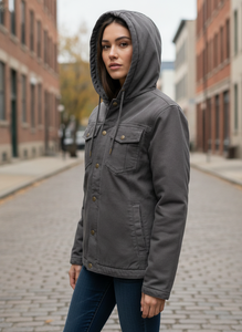 Veste en jean à capuche gris foncé pour homme avec fermeture boutonnée, coupe classique, couleur unie, style décontracté coupe-vent pour l'automne - Product Image 4
