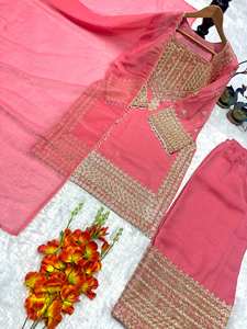 Ensemble Salwar Kameez tendance en soie brodée avec détails en dentelle Moti, entièrement cousu, avec bas élastique et dupatta - Product Image 5