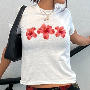 Wholesale Women's Tee Crop Short T-Shirt for Girls Custom Logo Printing Hibiscus Flower Beach Shirt Printed Summer - Product Image 3