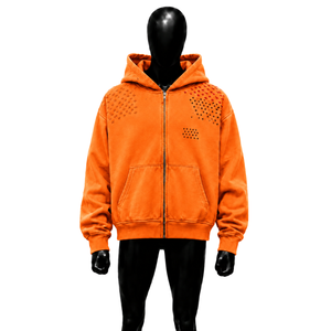 Sweat-shirt à capuche zippé surdimensionné orange pour homme, coupe classique, style décontracté, couleur unie, tissu tricoté, motif graphique, effet délavé - Product Image 2