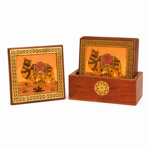 Handcrafted Vintage Square <b>Wooden</b> <b>Tea</b> Coaster <b>Set</b> with Elephant Design | Lightweight Indian Decorative Coasters <b>Wooden</b> Holder - Product Image 2