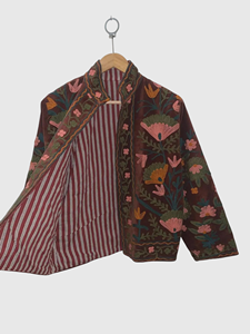 Hand Embroidered Floral Velvet Jacket Mandarin Collar Full Sleeve Plus Size Women'<b>s</b> Autumn Coat Prairie Chic Style - Product Image 4