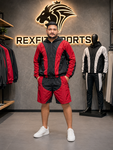 ชุดกันลมไนลอนสีแดงดำแบบสั่งทำพิเศษ REXFIT SPORTS 2026 เสื้อแจ็คเก็ตมีฮู้ดแบบซิปเต็มตัวและกางเกงขาสั้นมีซิป ชุดกีฬาแบบสั่งทำพิเศษ - Product Image 2