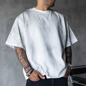 Camiseta Unisex de Algodón Grueso con Gráficos de Diamantes de Imitación, Estilo Desgastado, Lavado Ácido, Efecto Descolorido por el Sol, Personalizable OEM, Ropa Urbana de Moda - Product Image 3