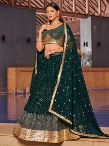 Green Silk Sequin Leheriya Lehenga <b>Set</b> with <b>Short</b> <b>Top</b> <b>and</b> Embroidered Dupatta Banarasi Style Women's Wedding Party Wear One <b>Set</b> - Product Image 2
