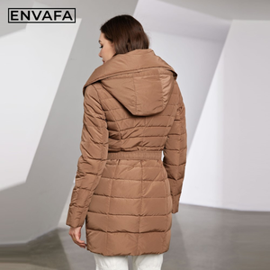 Abrigo de invierno para mujer con capucha y cinturón, impermeable, largo, tipo parka, cálido, acolchado, con relleno, diseño a cuadros, chaqueta de plumón gruesa para nieve. - Product Image 2