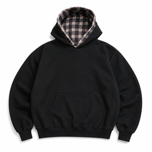 Sweat-shirt à capuche surdimensionné noir pour homme, doublure en coton à carreaux, molleton décontracté pour l'automne - Product Image 1