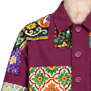 Chaqueta de trabajo Plum Mosaic con diseño floral de patchwork, abotonada, informal, de manga larga, estilo streetwear, venta al por mayor, personalizada - Product Image 5