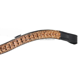 Personnalisé 3 rangées de cristaux or rose Diamante mega bling décoré en forme de vague noir bande de front de cheval en cuir de qualité supérieure en plein épi - Product Image 5
