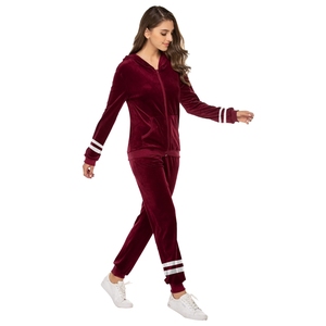 Burgundy Velvet Sweatsuit for <b>Women</b> <b>Zip</b> <b>Up</b> Hooded <b>Jacket</b> and Joggers Set Soft Two Piece Tracksuit Striped Athletic Outfit - Product Image 5