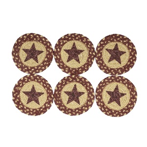Sous-verre en jute classique style campagnard primitif pour table de cuisine, bordeaux et beige avec étoile estampillée rouge - Product Image 1