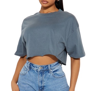 Camiseta de Verano de Alta Calidad 100% Algodón para Mujer, Color Sólido, Casual, Holgada, Lisa, de Manga Corta, Crop Top - Product Image 1