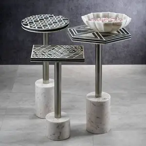 3つのテーブルの3つのセット骨インレイトップガーデンコーヒーティーイブニングモーリングテーブル大理石ベースアクセントサイドテーブル