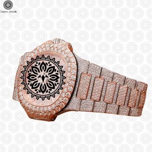 Montre analogique mécanique de luxe Charm Jewells en acier inoxydable incrusté de diamants en or rose, mouvement mécanique, 40 mm, fermoir pliant, mode masculine - Product Image 2