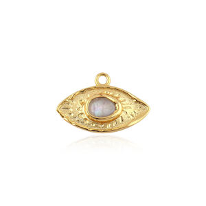 Conector de joyería en forma de ojo de latón macizo martillado chapado en oro de 18K, engaste único para piedra preciosa de piedra lunar blanca de 6x8mm, componentes de 14mm - Product Image 1