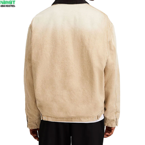 Classic Khaki Washed Work <b>Jacket</b> For <b>Men</b> Distressed Heavy Outerwear Black Ribbed Collar Zip Up Utility Apparel - Product Image 3