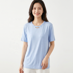 T-shirt pour homme bleu clair à manches courtes, col rond, coupe classique, jersey décontracté en coton respirant, couleur unie, tricoté - Product Image 6